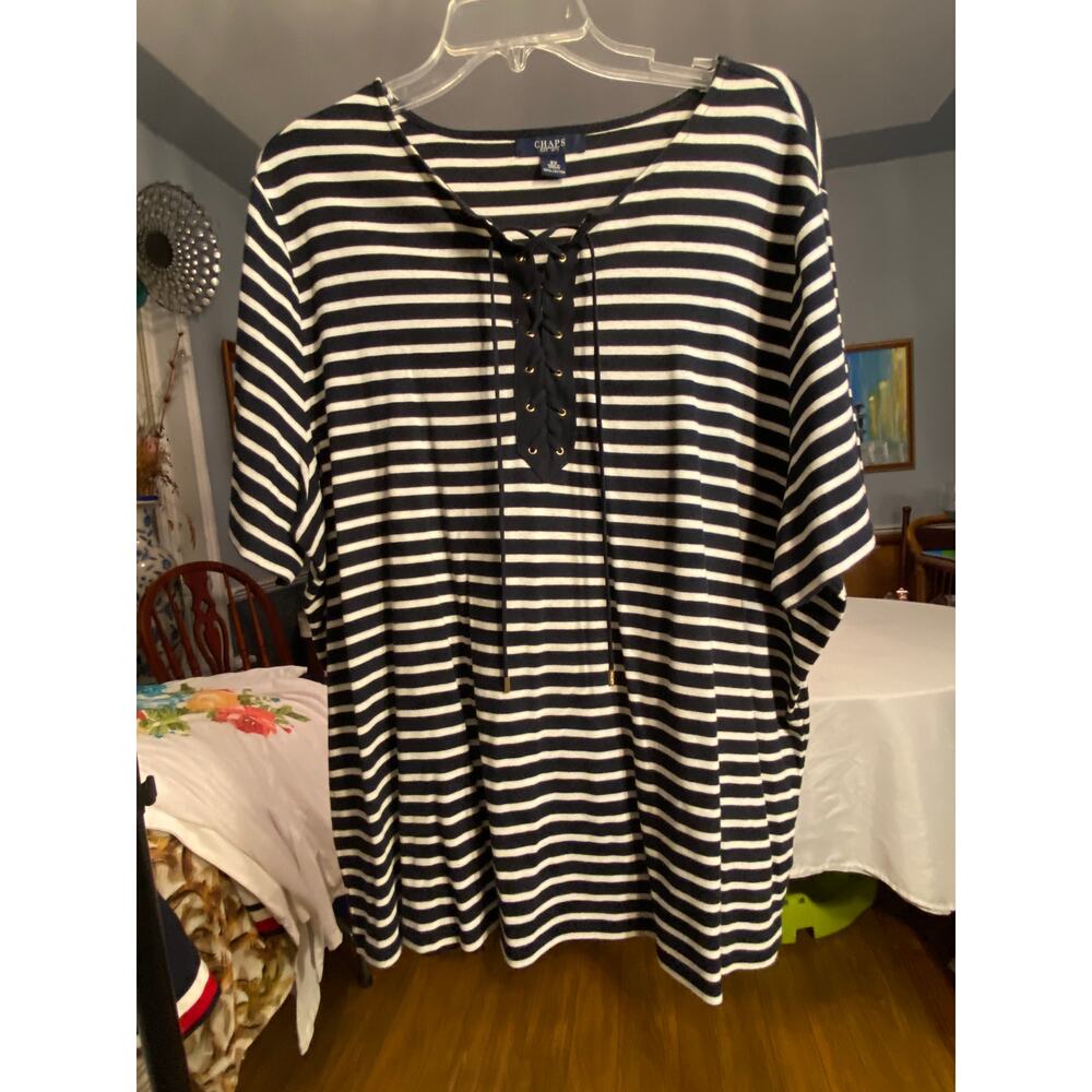 Women's Chaps3X Black / White Striped T-Shirt, Short Sleeves, lace up front neck